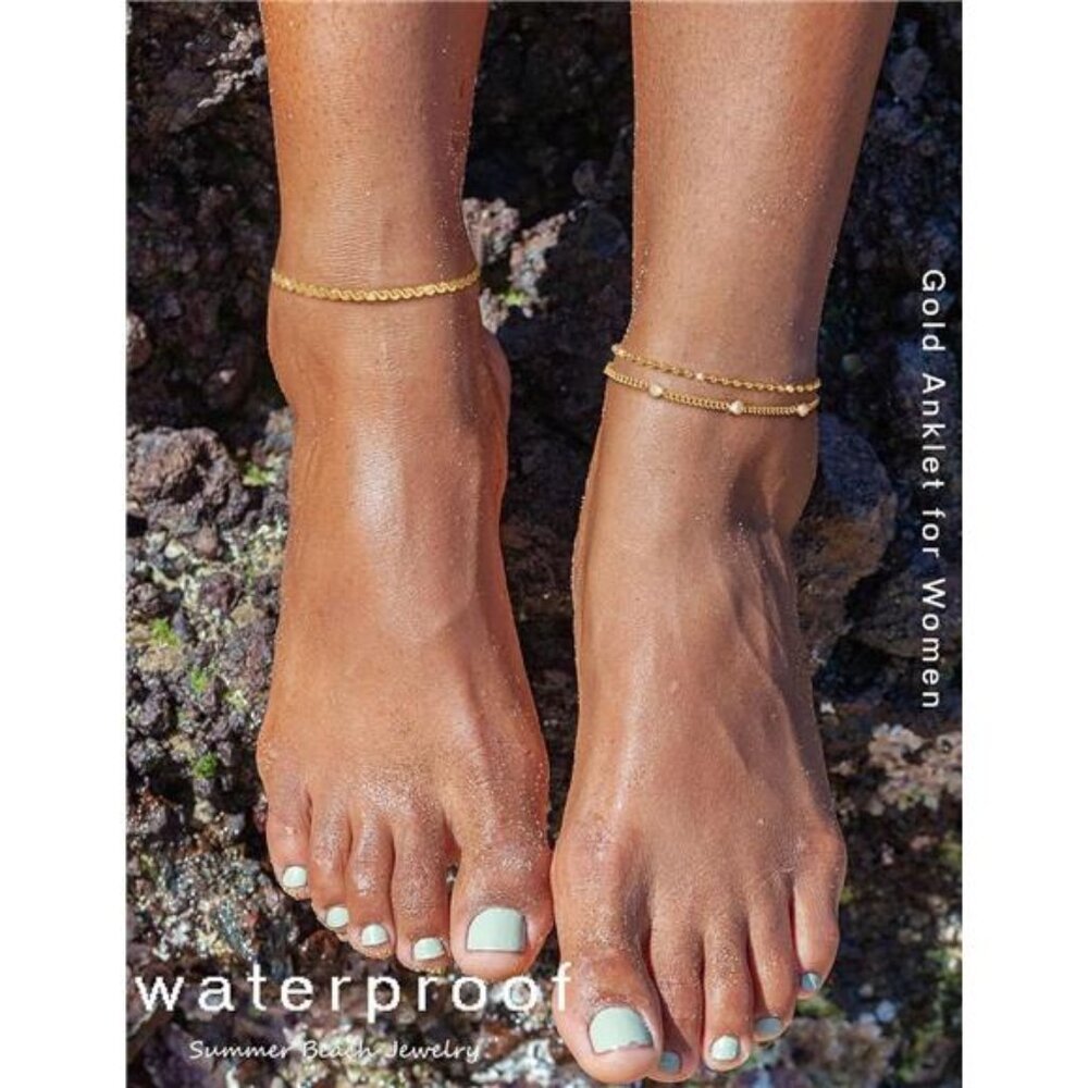 Gold Anklets for Women CZ Ankle Bracelet 14K Gold Plated Waterproof - Picture 4 of 6